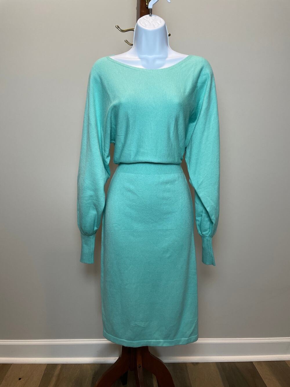 Mirol Turquoise Puff Sleeve Cinched Waist Sweater Dress NWT Size L